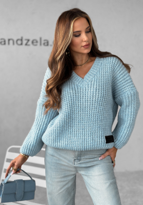 Sweter oversize dekoltem i wełną Fluffy Excellence błękitny