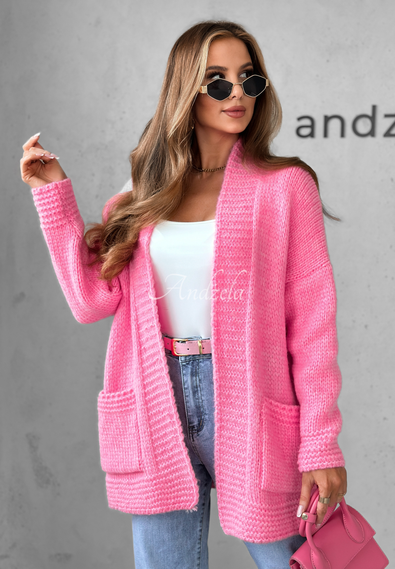 Krótki kardigan oversize Cozy Drape różowy