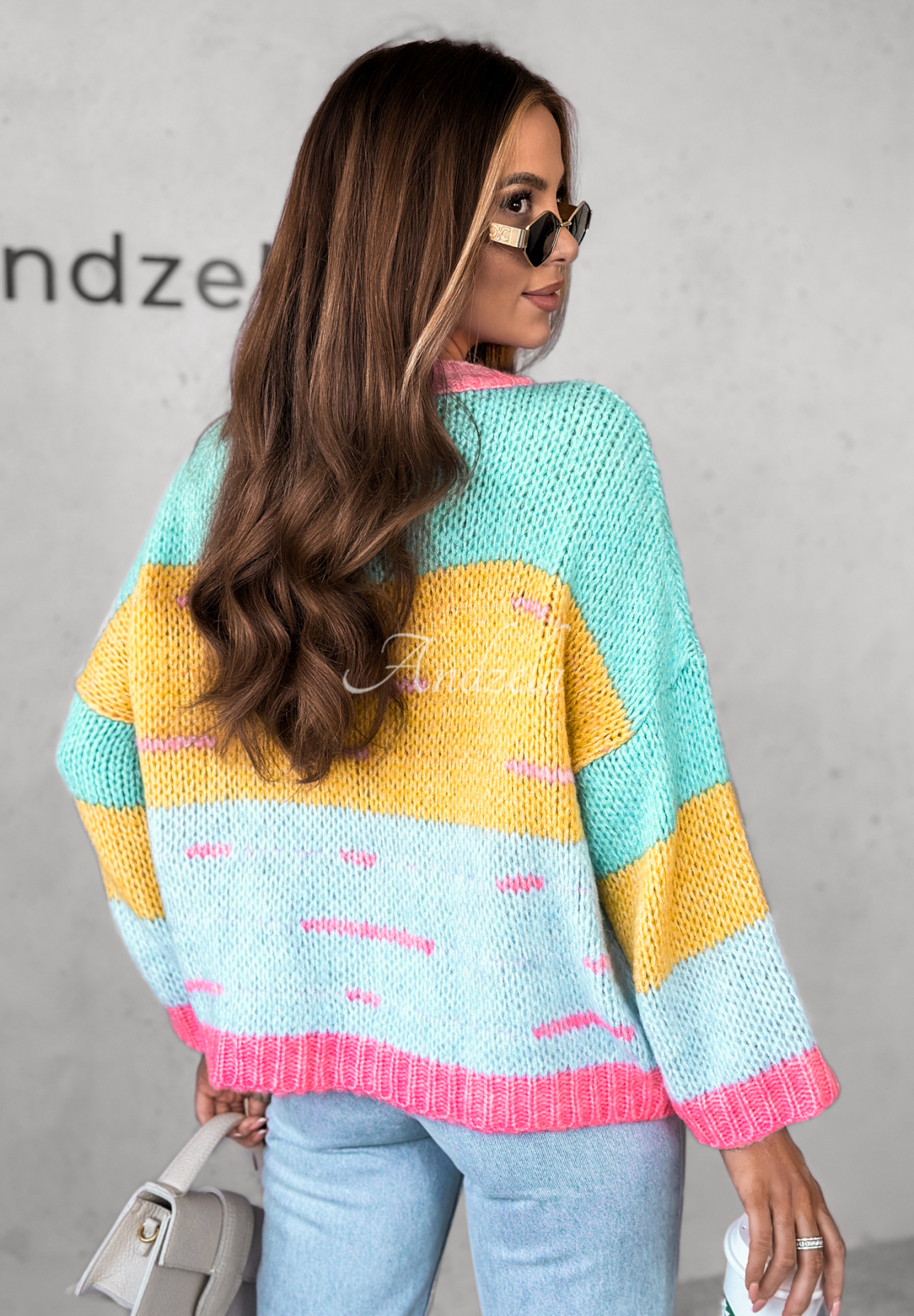 Sweter oversize z wełną Speak Up niebiesko-żółty