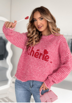 Sweter w paski z napisem Cherie różowy