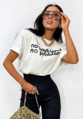 T-shirt z nadrukiem La Milla No Boyfriend No Problem ecru