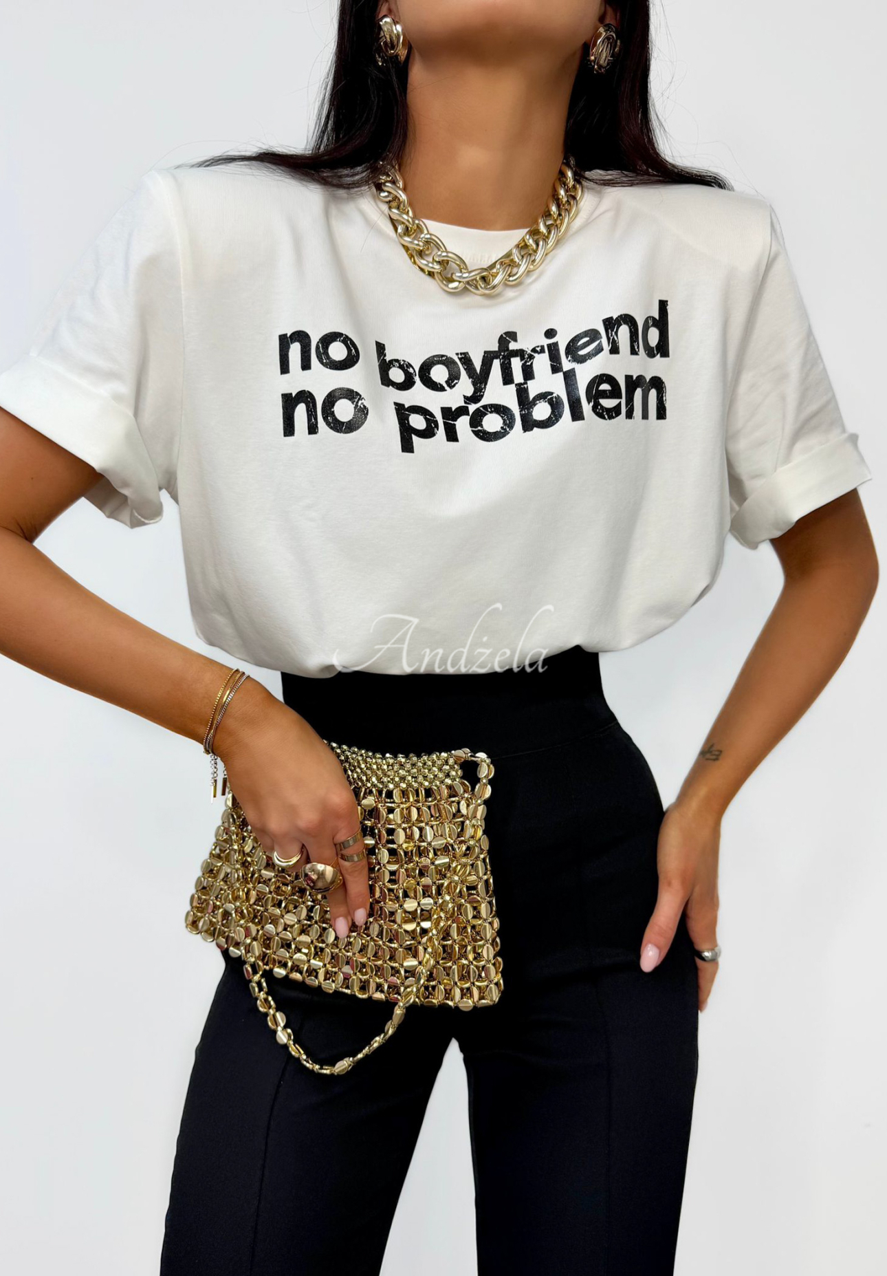 T-shirt z nadrukiem La Milla No Boyfriend No Problem ecru