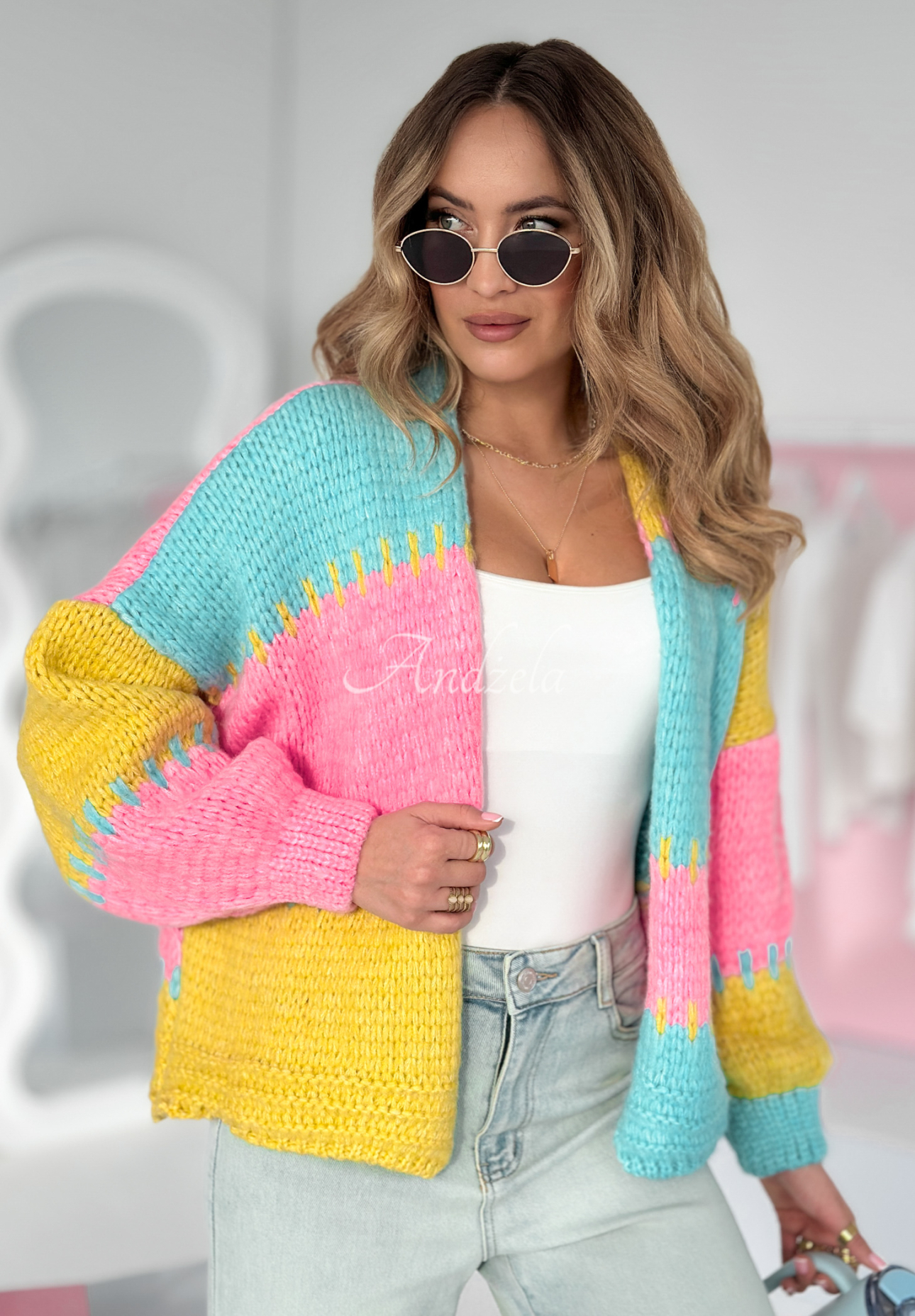 Short oversize cardigan Seriously Pretty blue and yellow