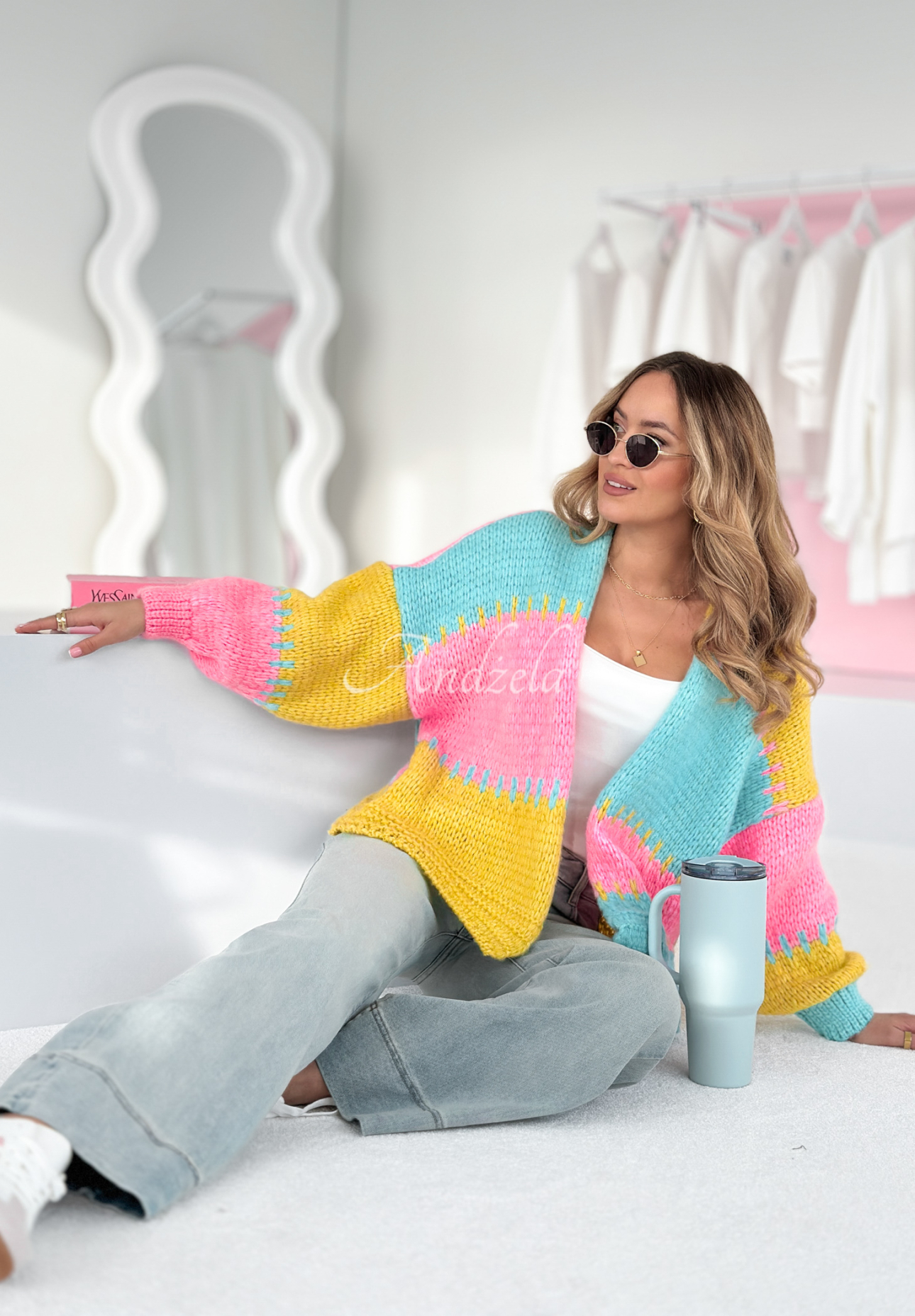 Short oversize cardigan Seriously Pretty blue and yellow