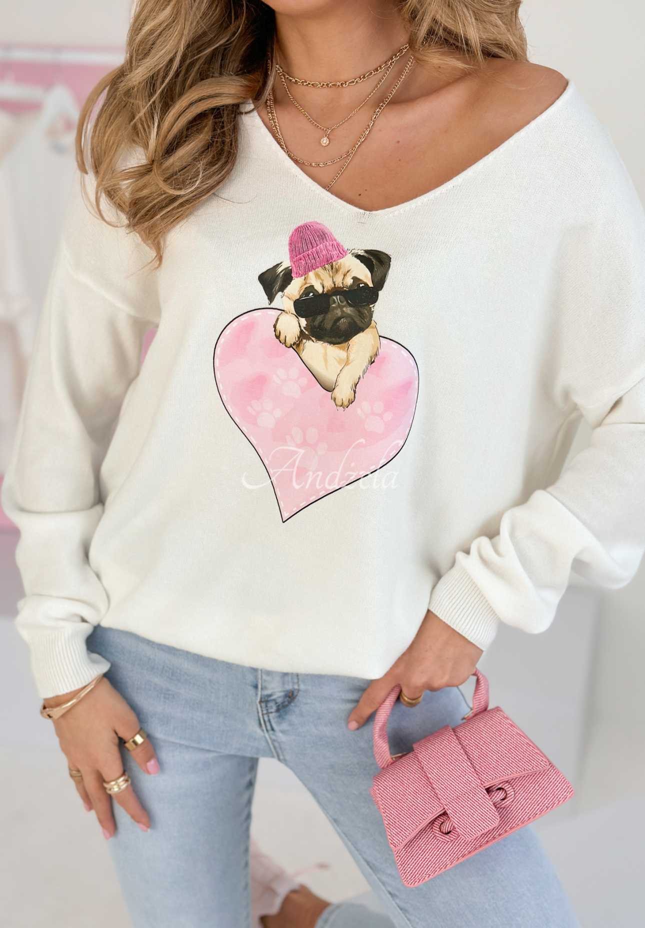 Lekki sweter z nadrukiem Puggy Lover biały