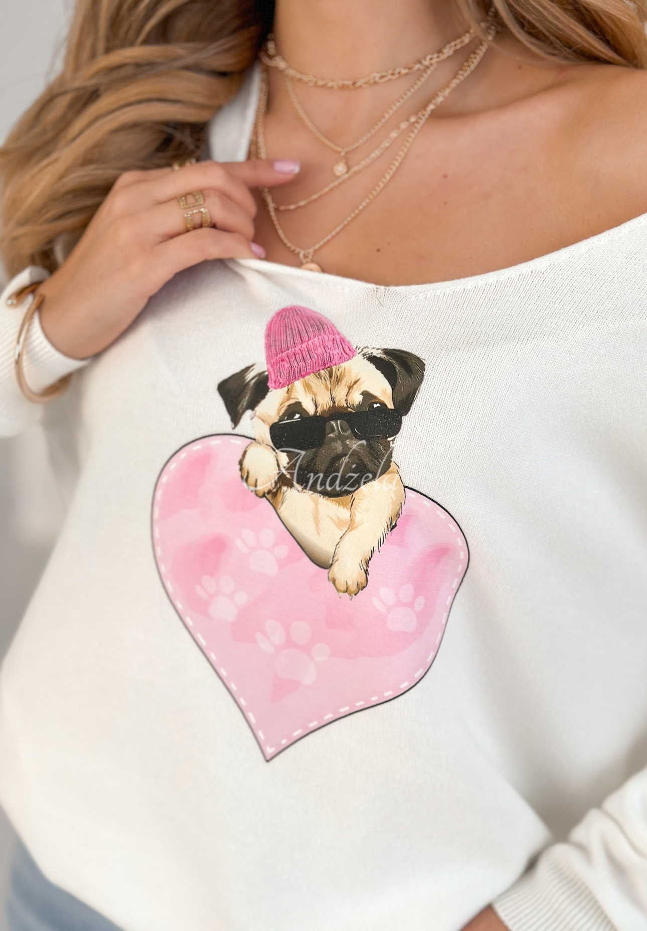 Lekki sweter z nadrukiem Puggy Lover biały