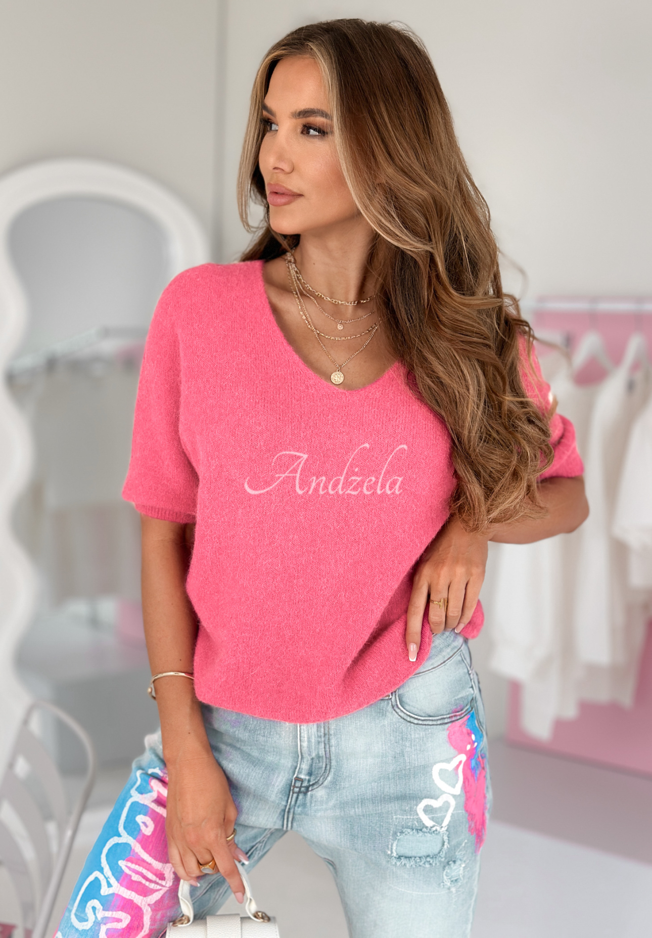 Short sweater with neckline Barolli pink