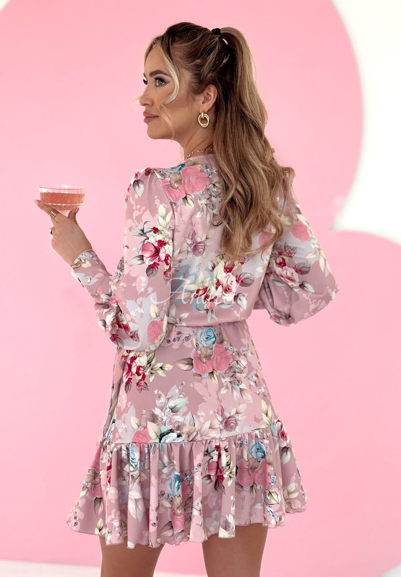 Envelope dress with buffets Asla floral powder pink II