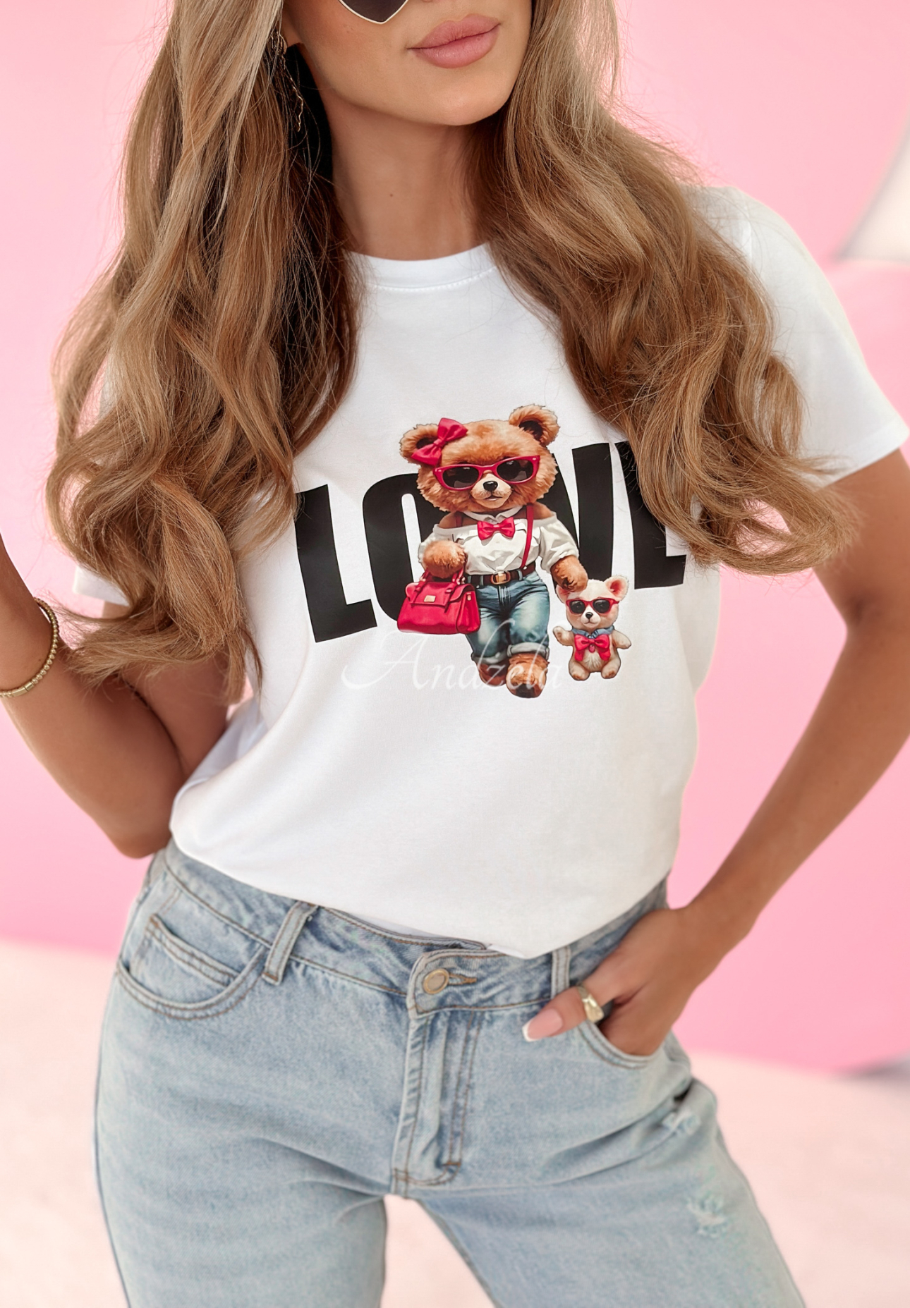 T-shirt z nadrukiem Love Miss Bear biały