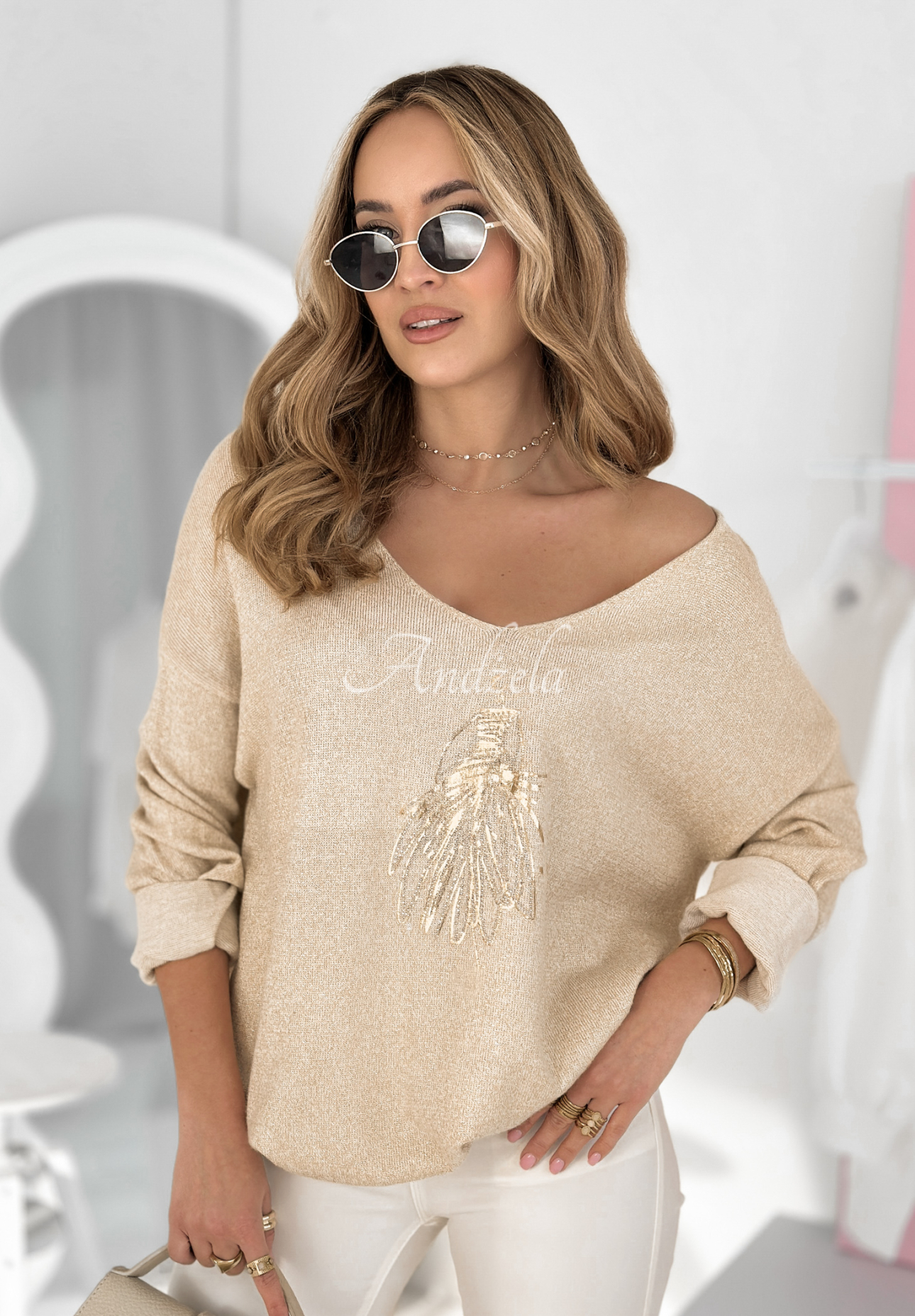 Sweter oversize z nadrukiem Fancy Lady złoty