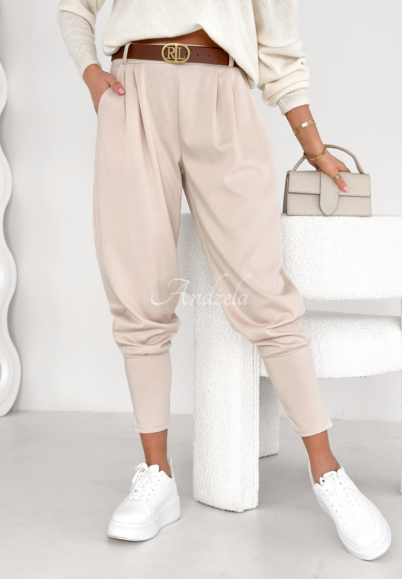 The First Try light beige fabric butter pants