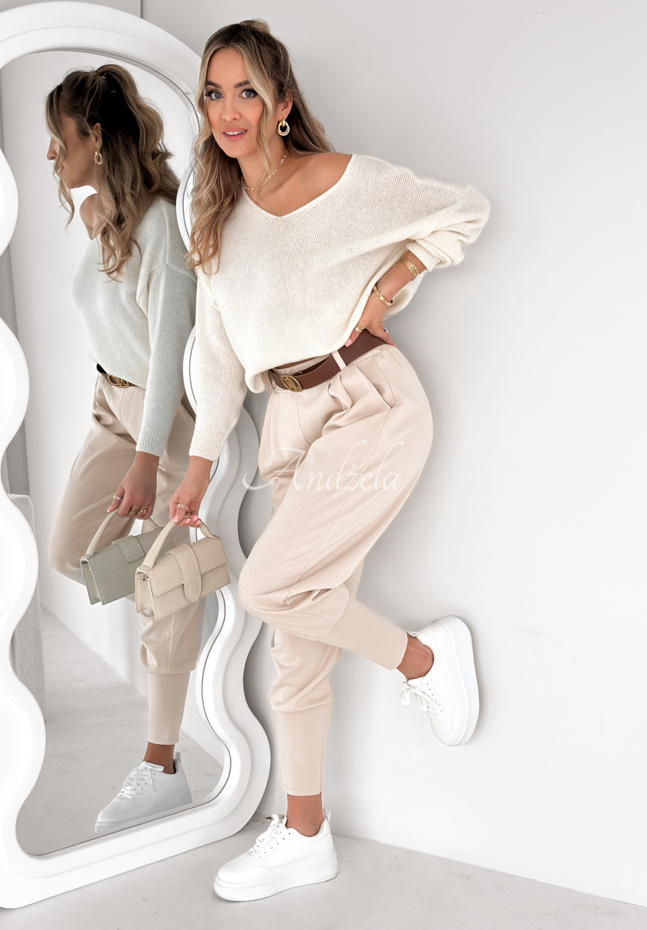 The First Try light beige fabric butter pants