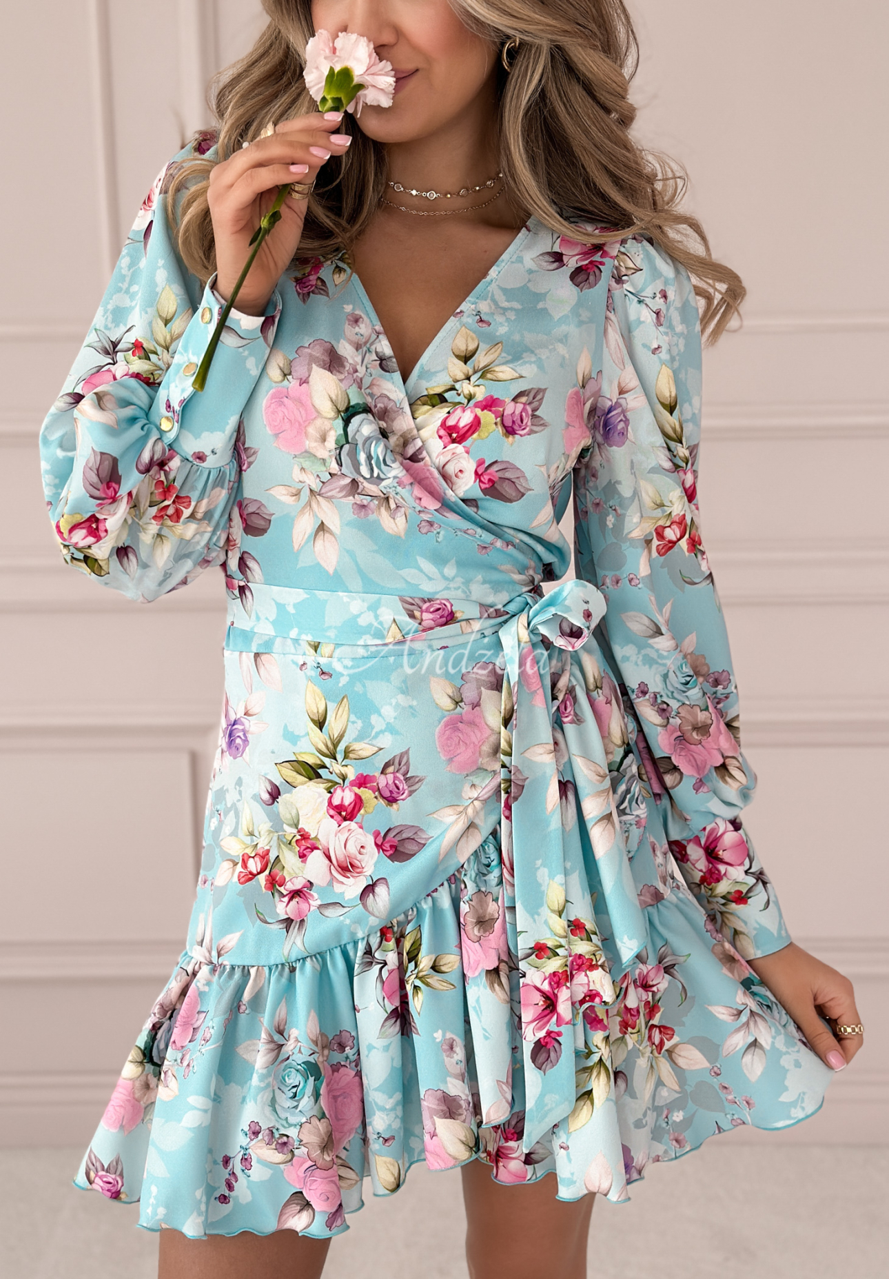Envelope dress with buffets Asla in flowers blue