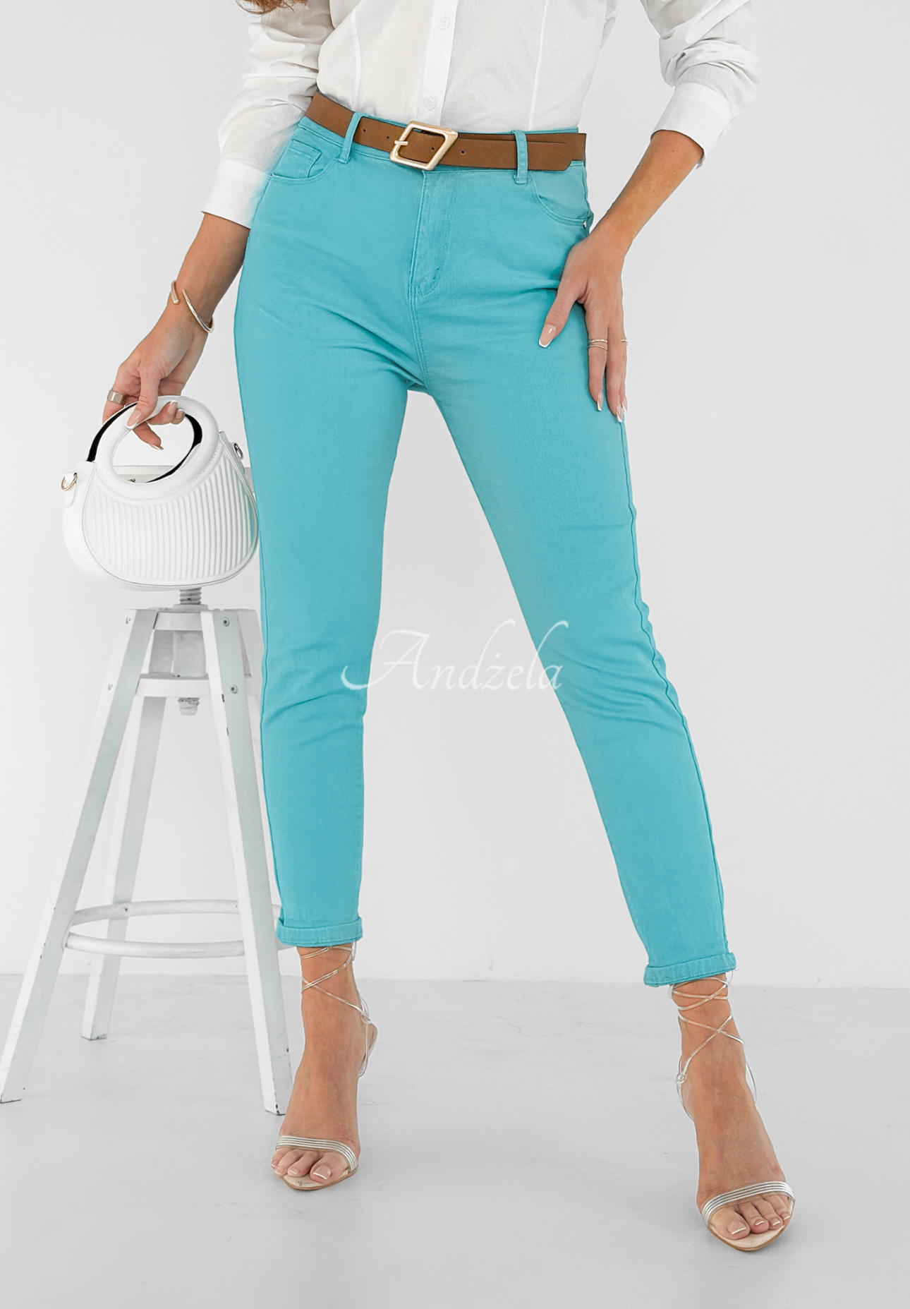Only Evidence turquoise denim pants with belt
