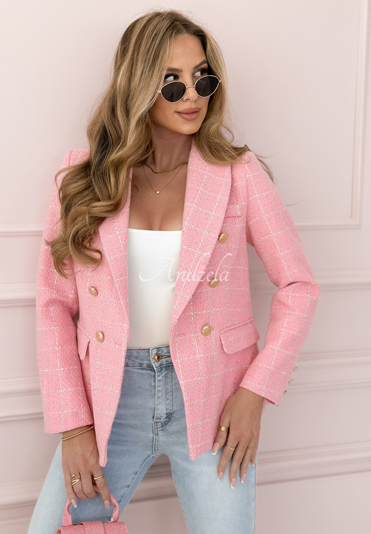 Any Version pink checked tweed jacket