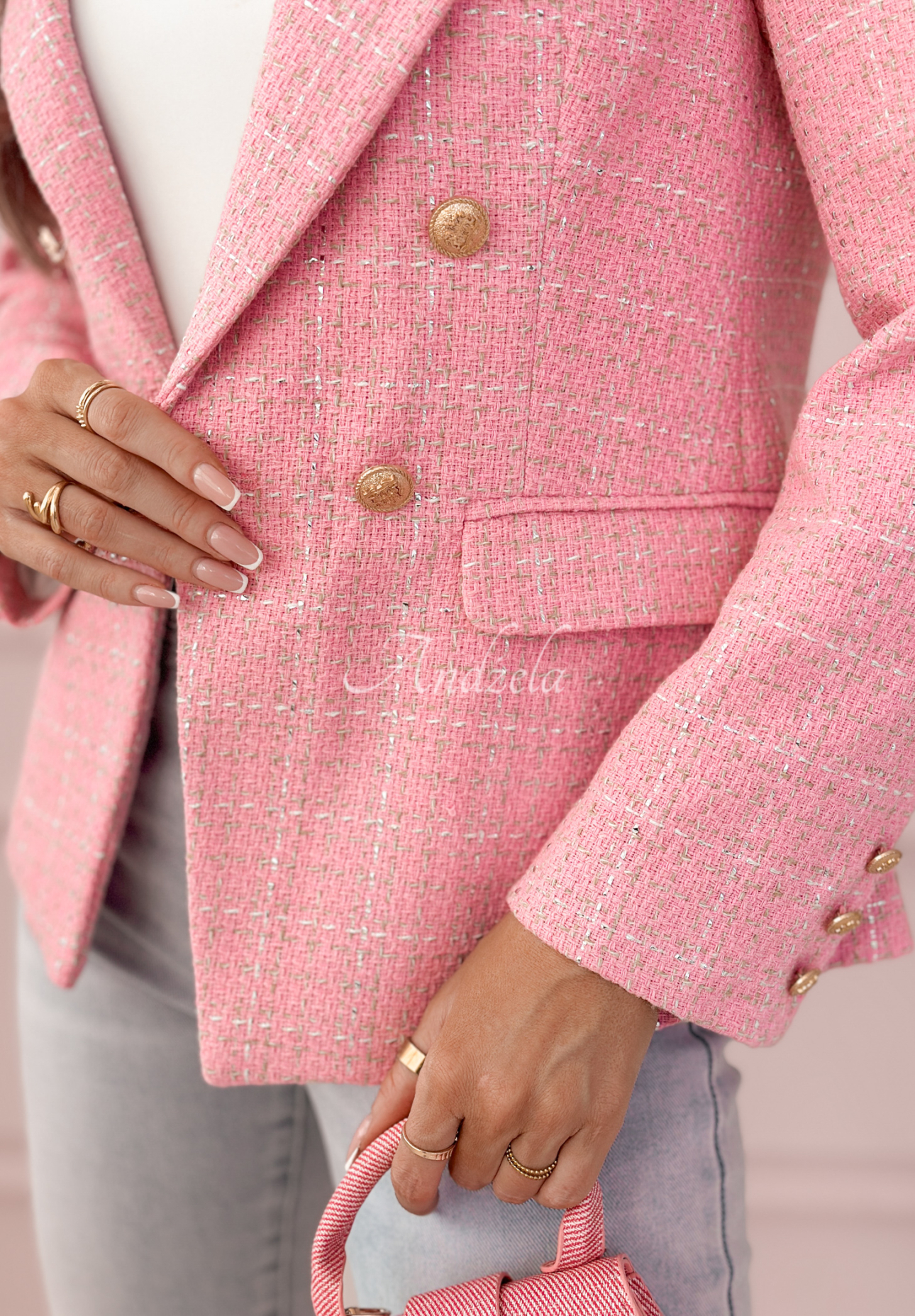 Any Version pink checked tweed jacket