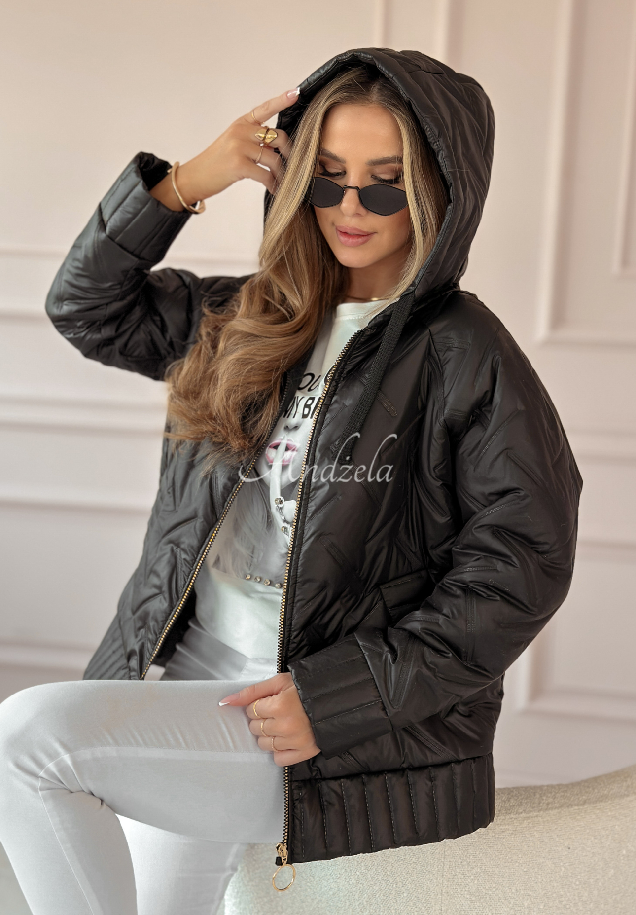 Quilted hooded jacket See You There black