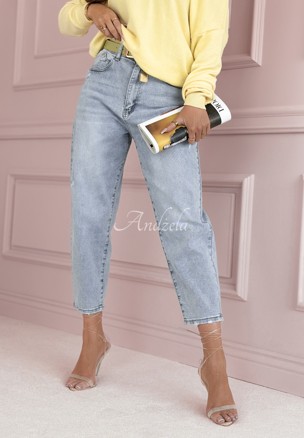 Denim mom fit pants with belt For A While blue