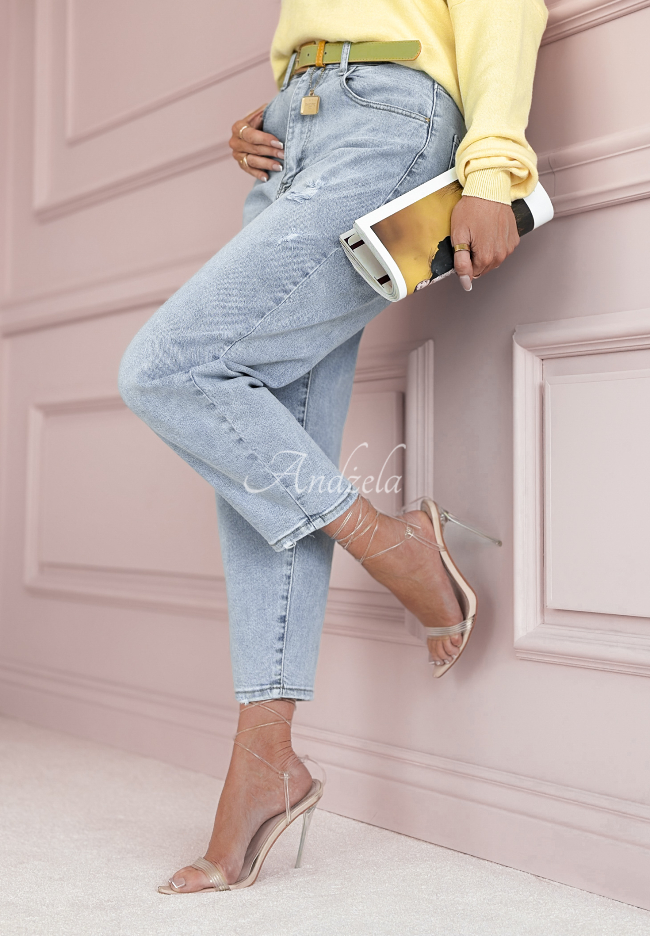 Denim mom fit pants with belt For A While blue