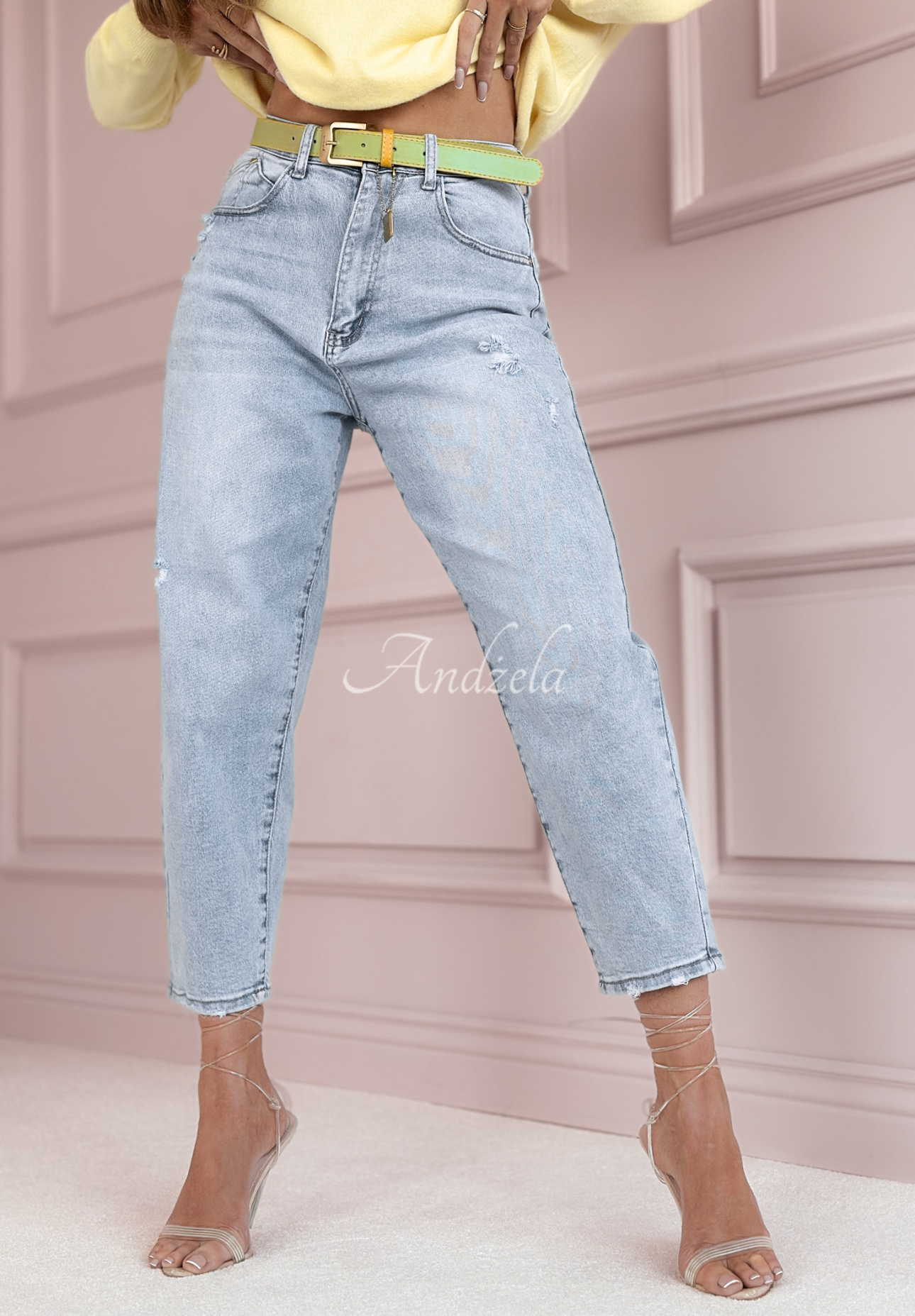 Denim mom fit pants with belt For A While blue