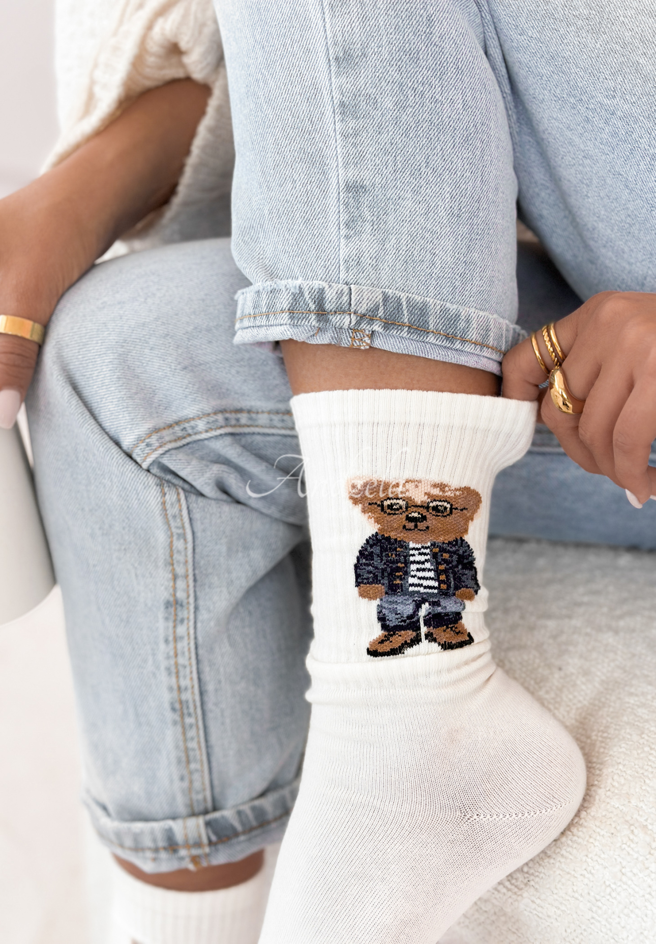 Snuggle Bear long socks ecru