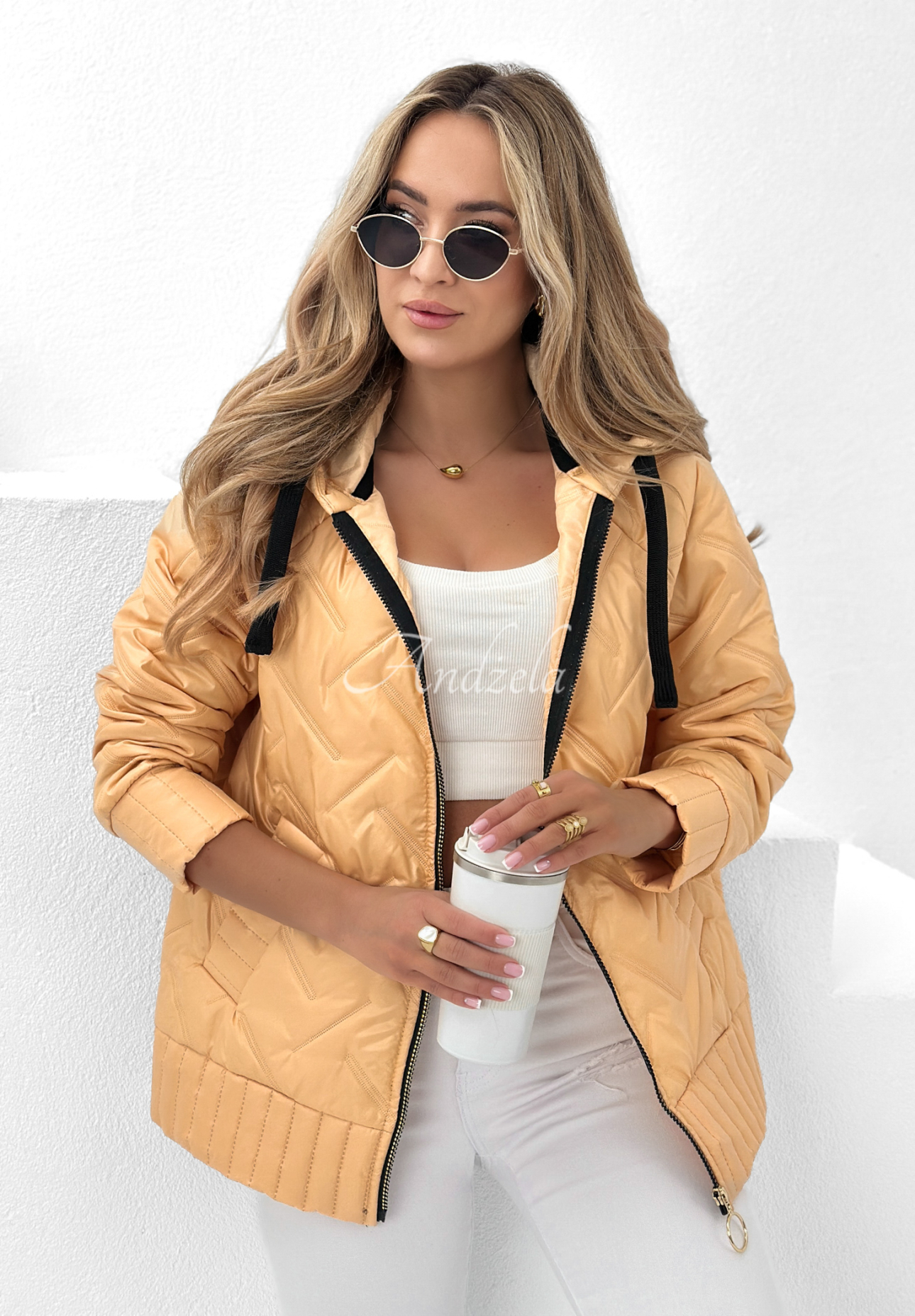 See You There quilted hooded jacket in peach