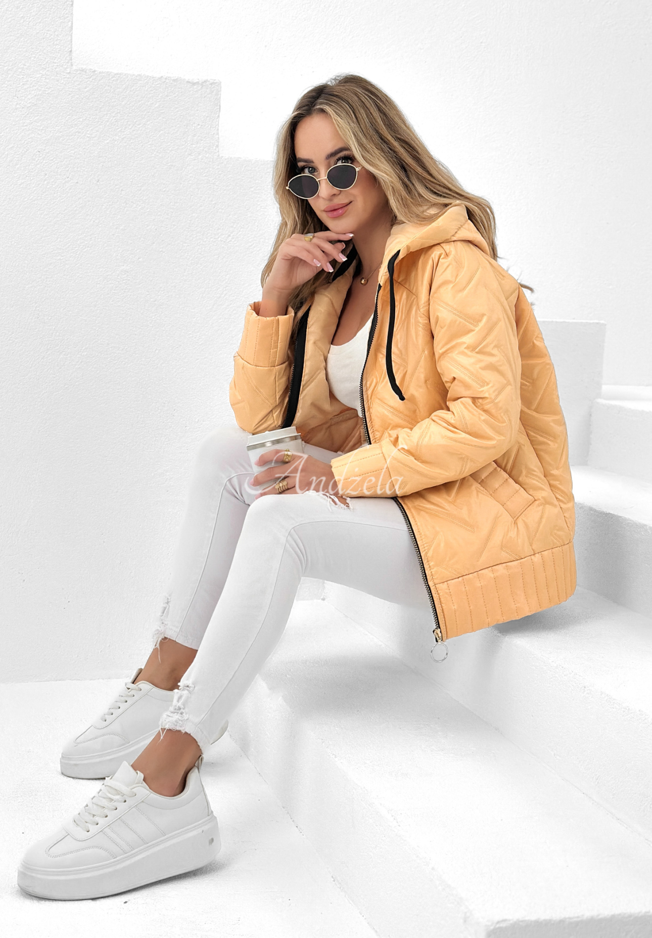 See You There quilted hooded jacket in peach