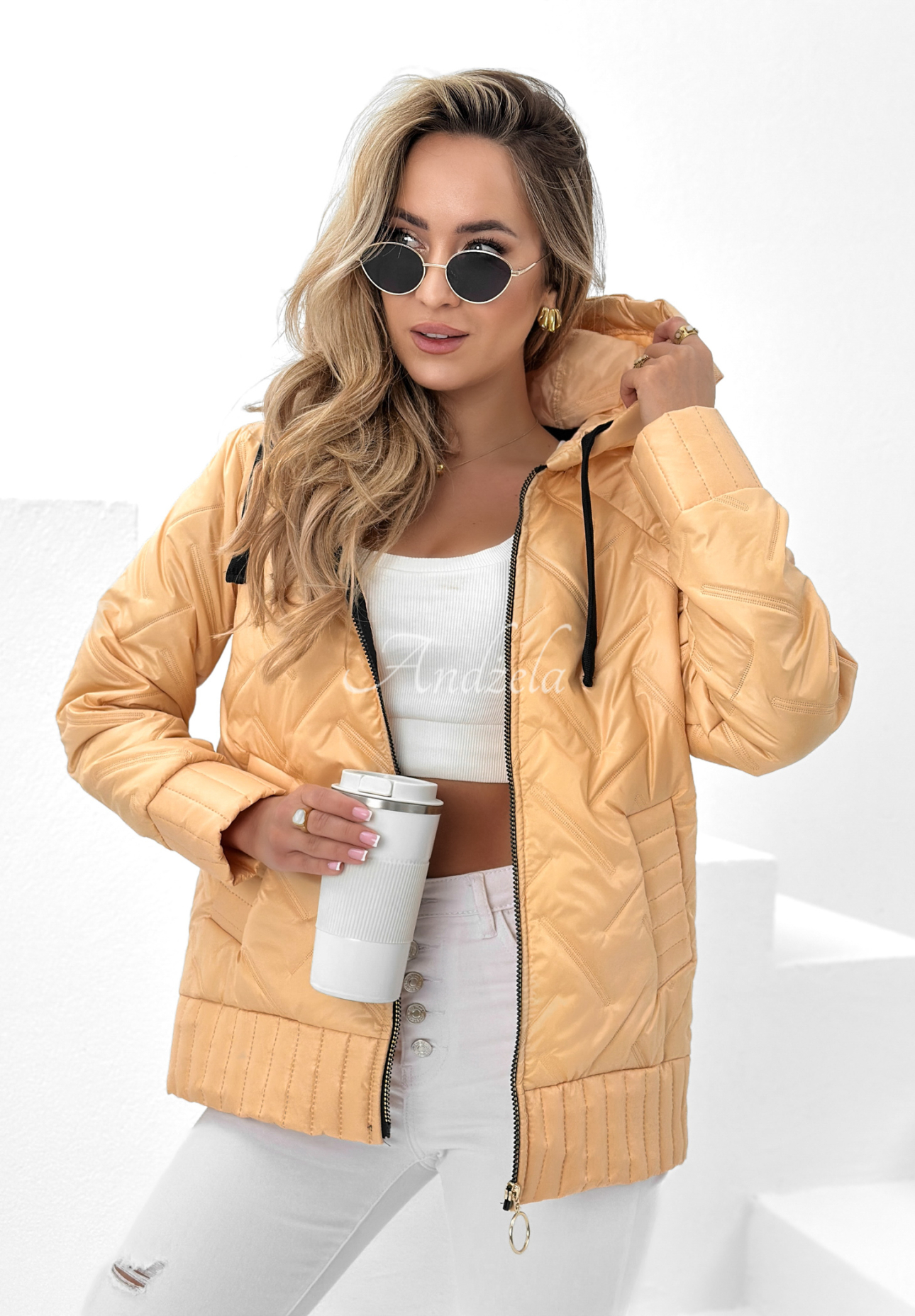 See You There quilted hooded jacket in peach