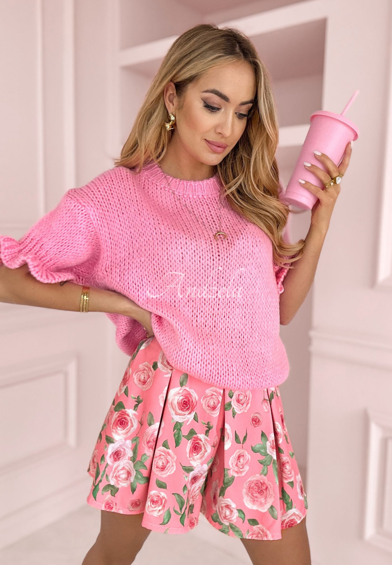 Pleated floral mini skirt and shorts Soft Flowers pink