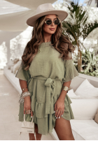 Lniana sukienka z falbankami i paskiem Haiki jasny khaki