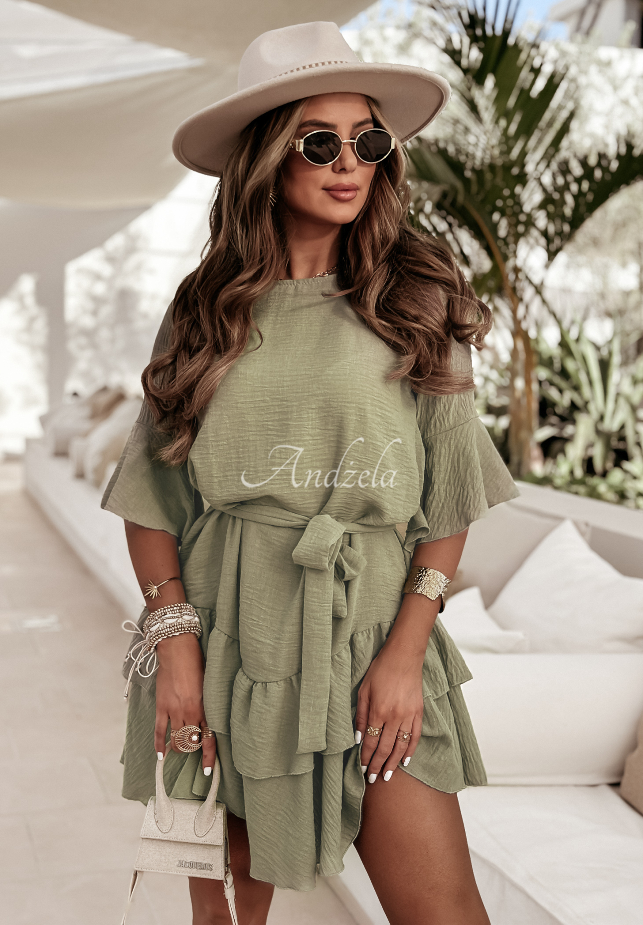 Linen dress with ruffles and belt Haiki light khaki