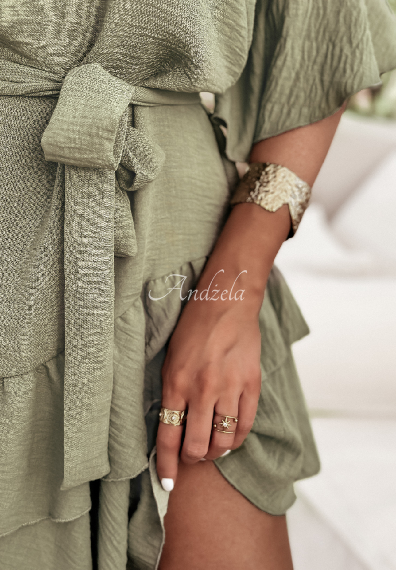 Linen dress with ruffles and belt Haiki light khaki