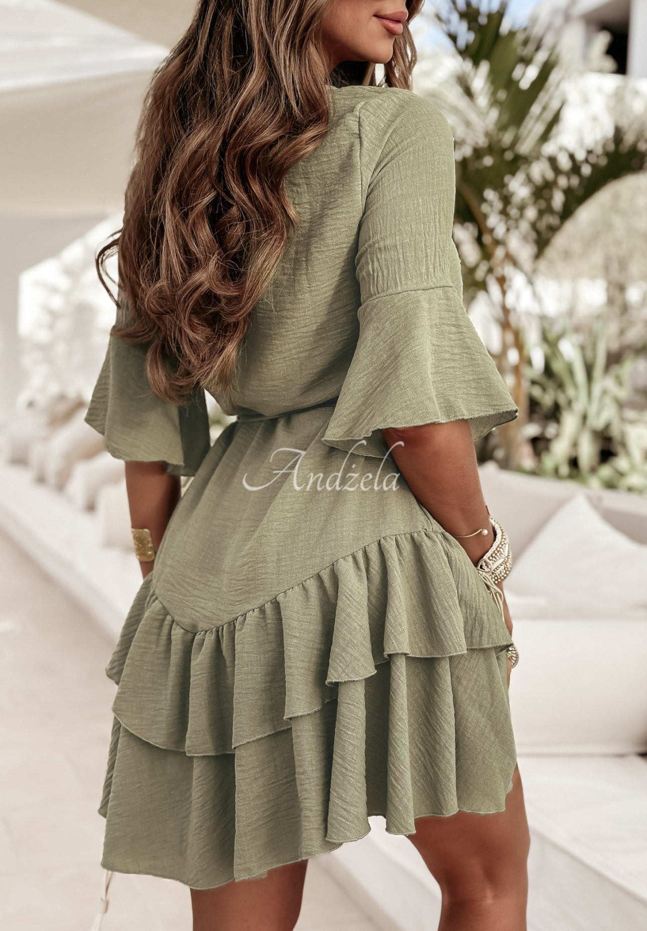 Linen dress with ruffles and belt Haiki light khaki