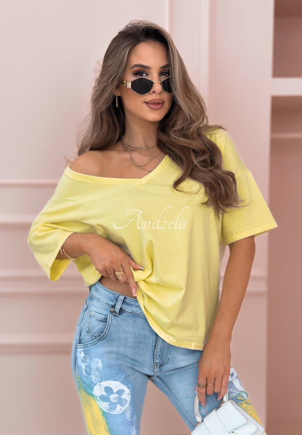 Bawełniany T-shirt oversize z dekoltem w serek Cascade bananowy