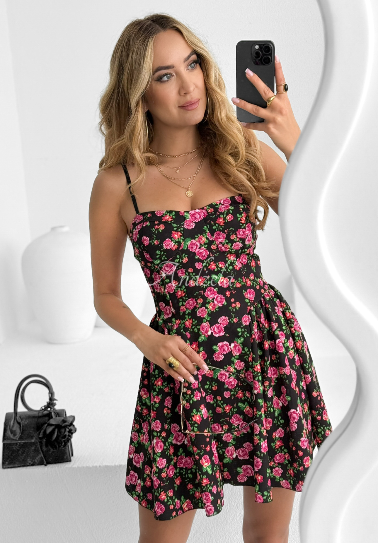 Stretch strapless floral dress For This Moment black