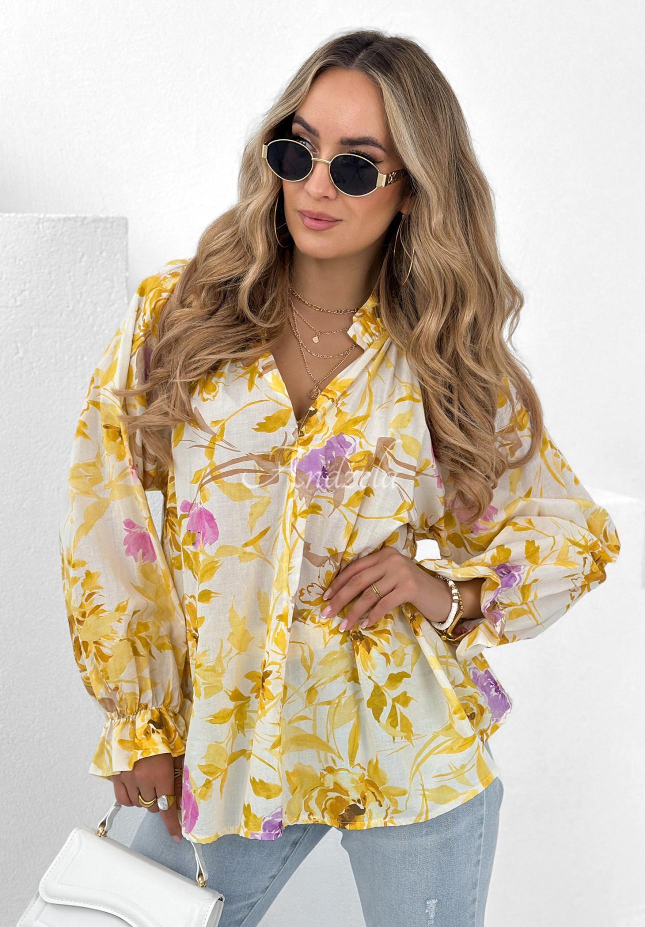 Enigmatic Drape white and yellow floral blouse
