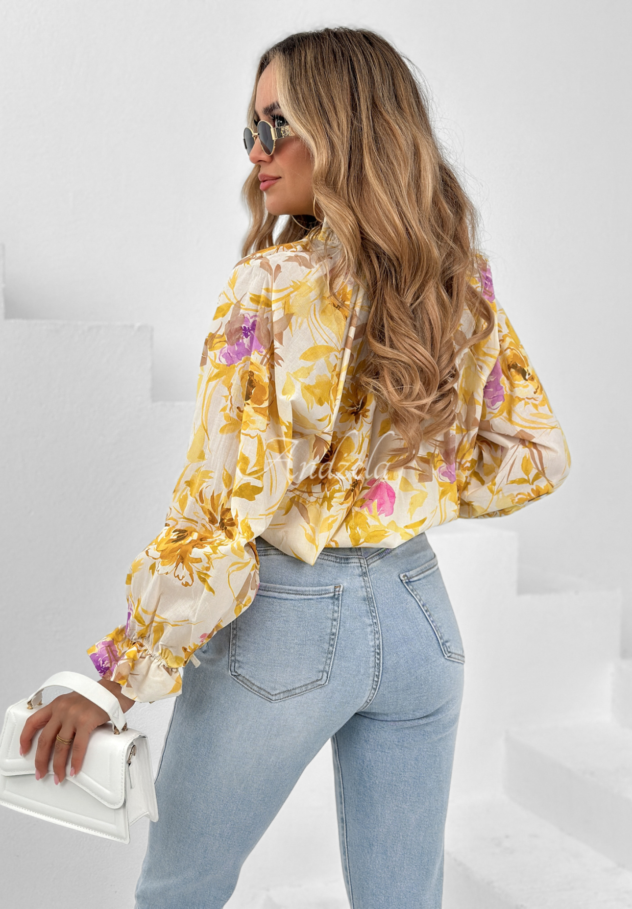 Enigmatic Drape white and yellow floral blouse
