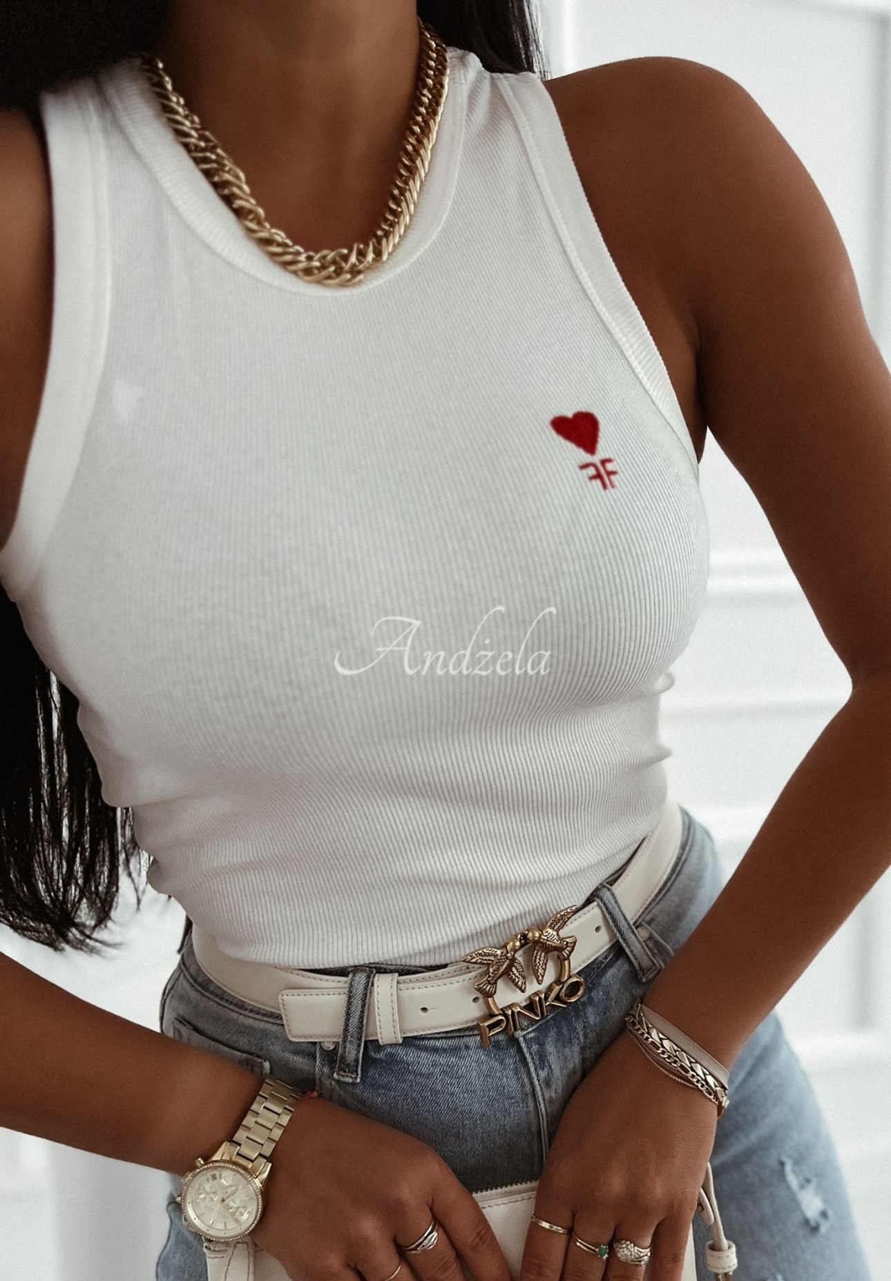 Ribbed top with embroidery For Fame white