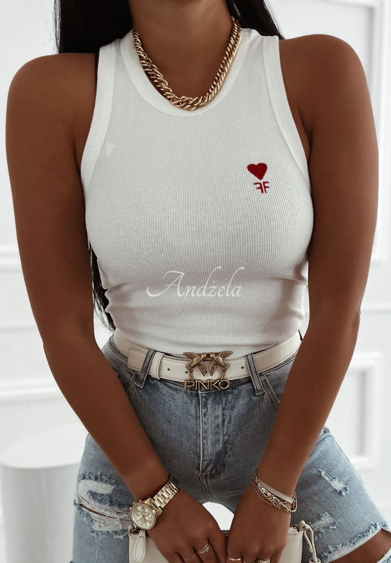 Ribbed top with embroidery For Fame white