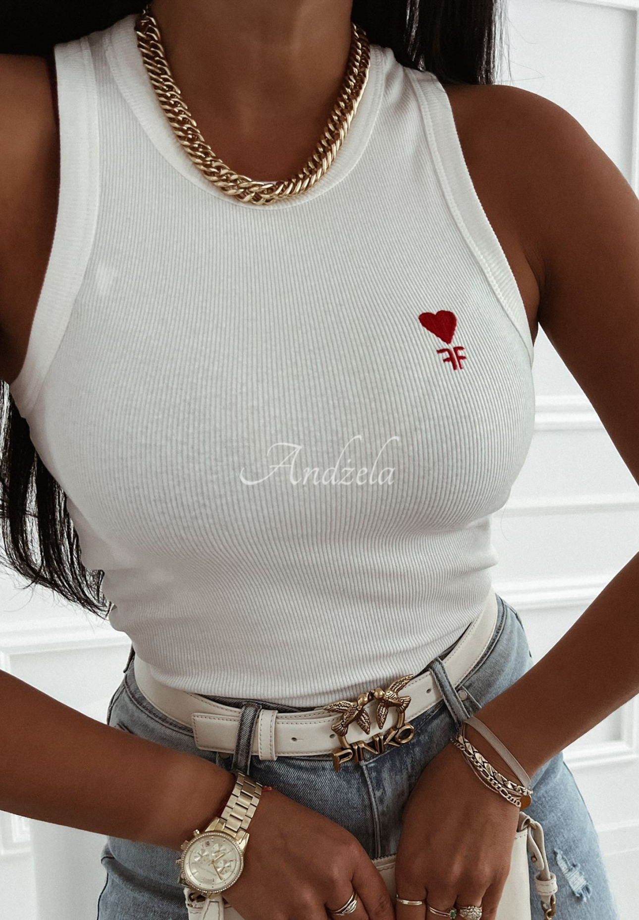 Ribbed top with embroidery For Fame white