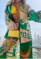 Wzorzysty komplet koszula i spodnie wide leg Summer Expressions zielono-różowy