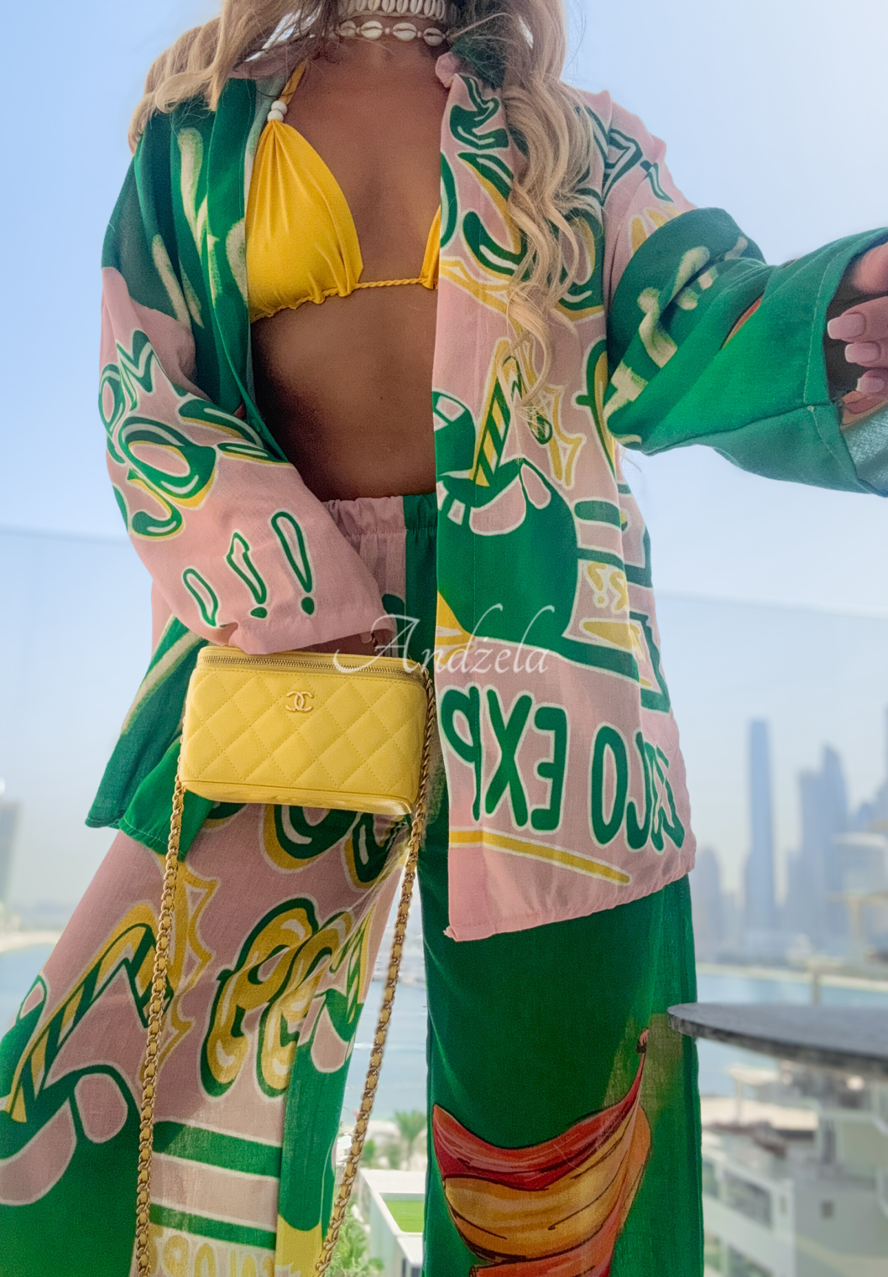 Summer Expressions green-pink patterned shirt and wide leg pants set