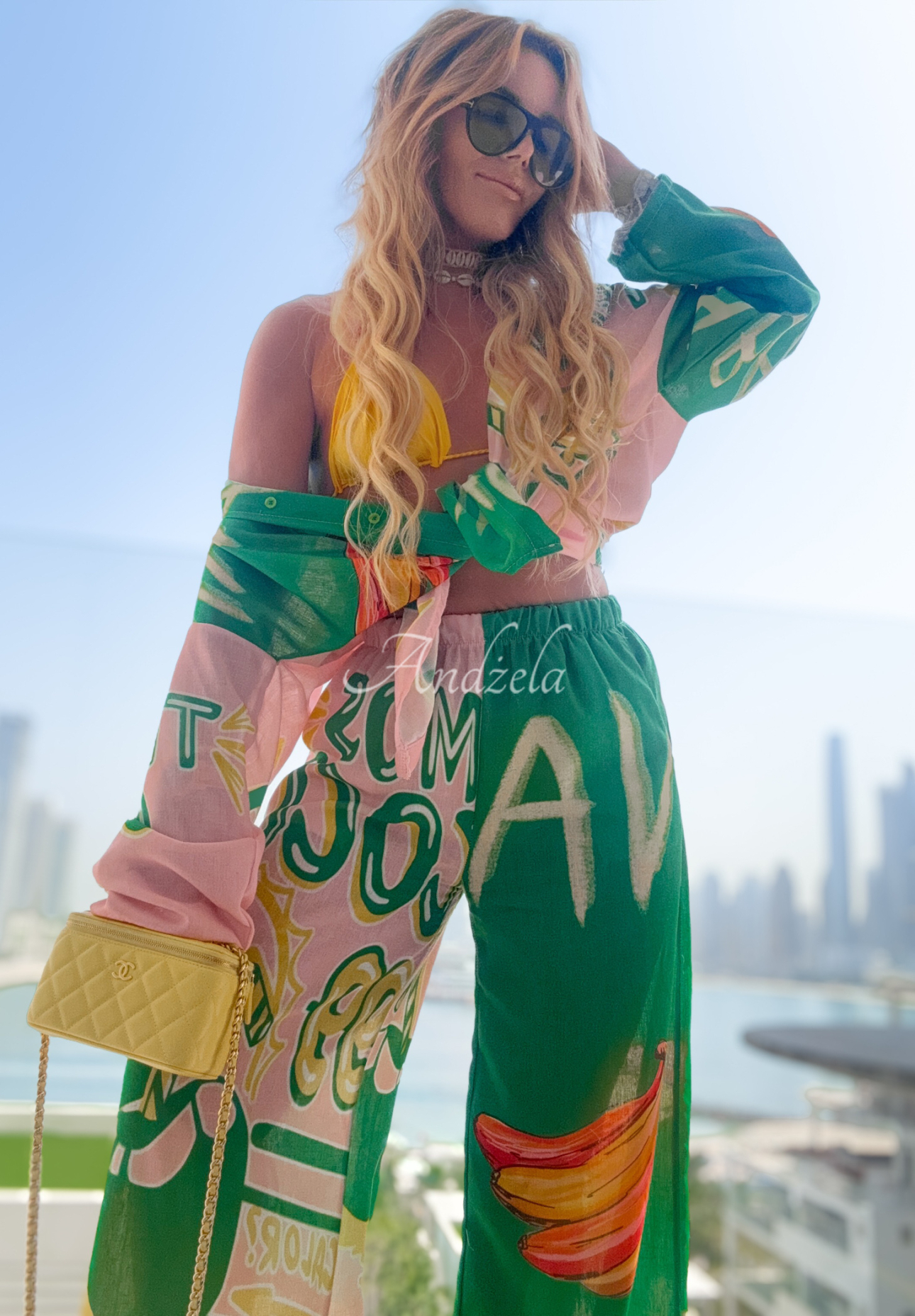 Summer Expressions green-pink patterned shirt and wide leg pants set