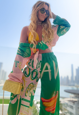 Summer Expressions green-pink patterned shirt and wide leg pants set