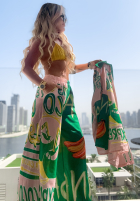 Wzorzysty komplet koszula i spodnie wide leg Summer Expressions zielono-różowy