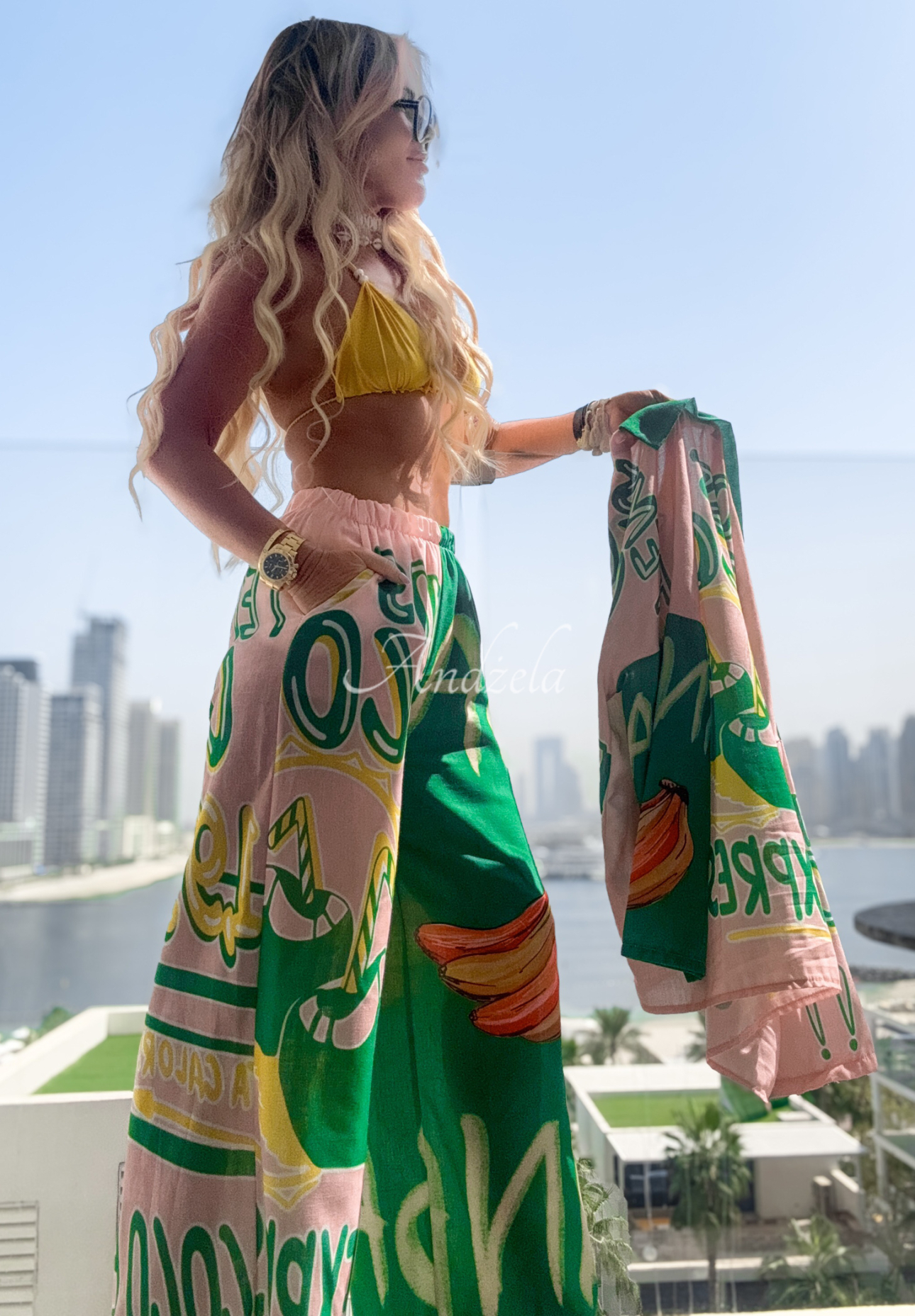 Summer Expressions green-pink patterned shirt and wide leg pants set