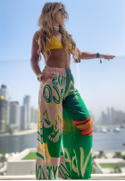 Wzorzysty komplet koszula i spodnie wide leg Summer Expressions zielono-różowy