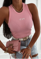 Prążkowany top z napisem Icon pudrowy róż