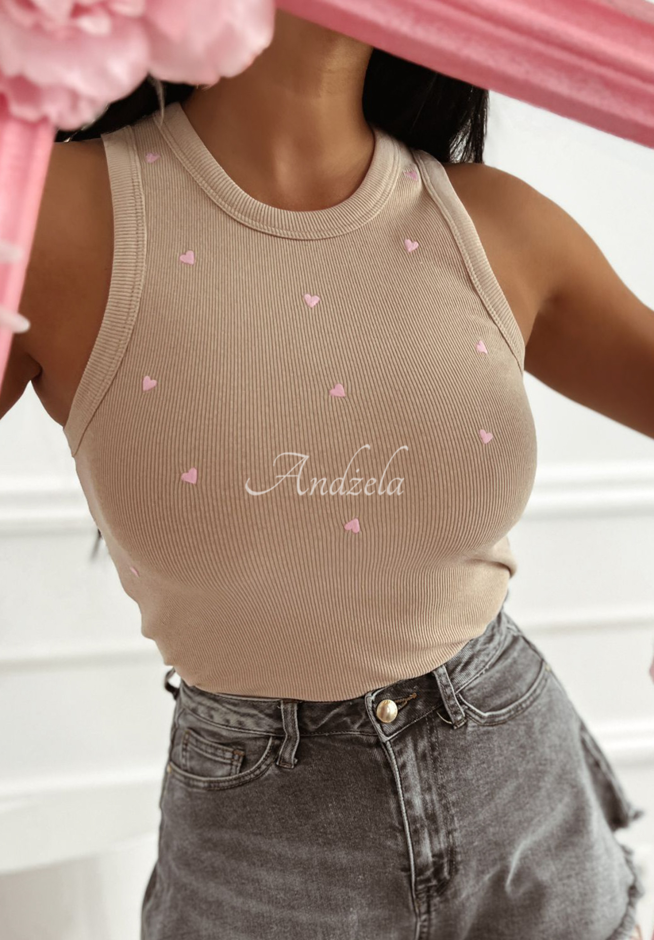 Little Lovers ribbed top beige and pink