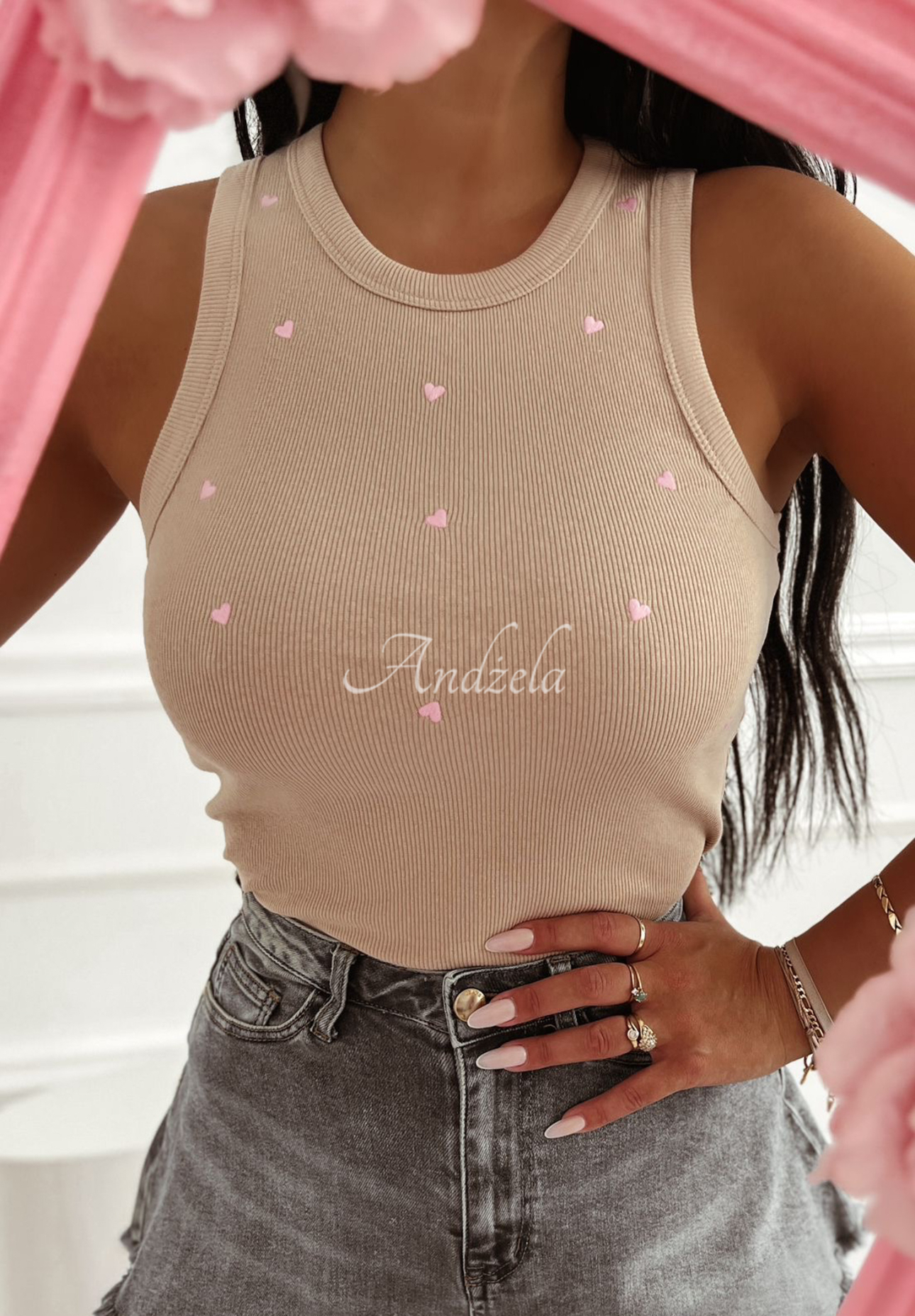 Little Lovers ribbed top beige and pink
